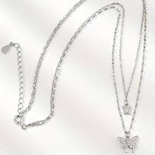1 Double Necklace With Butterfly Pendant | Sparkling Embellishment, Exquisite Chain Jewelry, Suitable For Daily And Party Wear, Retro Minimalist Style, Versatile Accessories, Exquisite Beaded Women's Model - 銀色 - 查看 5