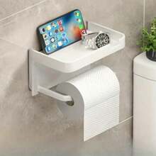 1pc Self-Adhesive Plastic Toilet Paper Holder With Shelf, Powder Coated Wall Mounted Tissue Roll Dispenser, Sturdy No-Drill Bathroom Paper Towel Rack With Phone Storage Shelf Halloween, Christmas Decorations 5138259455