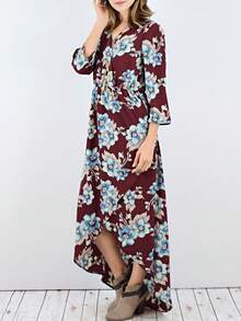 Boho Retro Polka Dot Rayon Mix Casual  Maxi Dress With Folded Cap Sleeve Side Pockets Versatile Summer Dress For Women - 酒紅色 - 查看 3