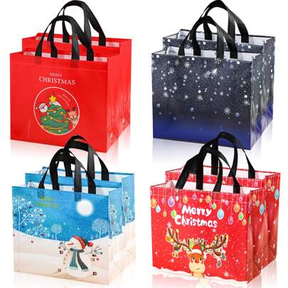 4/6/8/12 st återanvändbara vikbara vävda presentpåsar med handtag - med mönster av jultomten, snögubben och "God Jul", lämpliga för högtider och överraskningar, julklappspåsar | Högtidsdesign | Hopfällbara påsar