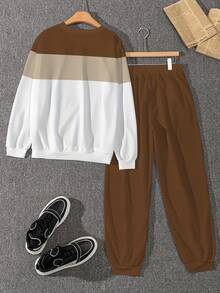 Bộ đồ nỉ cổ tròn dài tay in chữ Colorblock dành cho nam, áo chui đầu họa tiết tối giản, áo nỉ chui đầu và quần dài, áo dài tay đa năng tập thể dục ngoài trời, chạy bộ và quần dài, bộ đồ nỉ thời trang 100% Polyester - Nhiều màu - Xem 3