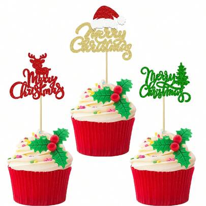 12/24 件圣诞快乐纸杯蛋糕装饰 3 种设计闪光蛋糕装饰圣诞树雪人圣诞快乐派对餐桌中心装饰食物签纸杯蛋糕装饰用品圣诞节