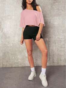 1 pieza Blusa corta de mujer talla grande de un hombro, unicolor, casual y deportiva, versátil