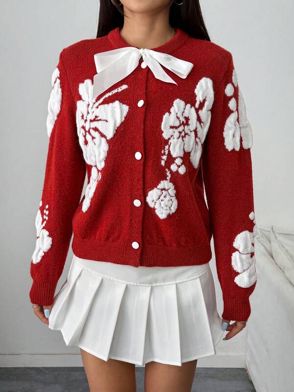 Damen Lässig Schleife Strickjacke, Jacquard Muster gestrickter Pullover, modisch locker geschnittene Rundhalspullover für Herbst/Winter