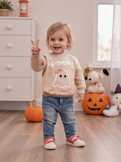 Toddler Baby Girl Halloween Knit Sweater Long Sleeve Crewneck  Letter Ghost Embroidered Knit Tops Cute Halloween Fall Jumper Baby Halloween Pumpkin Spooky Ribbed Knitwear