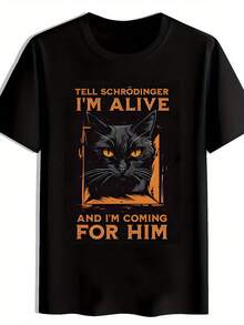 Quantum Mechanics Meme Print Casual Crew Neck Men's T-Shirt, Schrödinger's Cat Pattern Men's Top, Quantum Enthusiast Gift, Funny Tee for Friends, Halloween Party Novelty Shirt, Orange-Eyed Black Cat Print Men's Apparel, Funny Gift, Casual Wear, Humorous Design, Pop Culture Shirt, Comfortable Fit, Breathable Fabric, Printed Top, Gift for Friends, Meme Fans - Negro - Ver 2