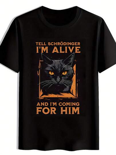 T-shirt casual girocollo da uomo con stampa meme sulla meccanica quantistica, maglietta da uomo con motivo del gatto di Schrödinger, regalo per appassionati di meccanica quantistica, stile divertente per gli amici, maglietta originale per feste di Halloween, abbigliamento da uomo con gatto arancione e nero, design umoristico, abbigliamento pop culture, tessuto confortevole, taglio traspirante, regalo per gli amici, un must per i fan dei meme.