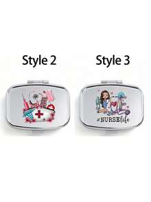 方形药盒，护士图案，便携式药盒，迷你金属收纳盒，便携式珠宝药盒，个性化创意礼物，蝴蝶结，护士帽，药瓶图案，适合旅行、户外活动，可放入包袋和口袋，可用作婚礼礼物、礼品和接待装饰，独特设计的装饰旅行收纳盒，母亲节礼物，送给朋友的礼物，护士礼物 - 銀色 - 查看 16