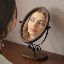 Vintage Bedroom Vanity Mirror, Solid Wood Makeup Mirror, Tabletop Wooden Chinese Style Rotating Dressing Mirror