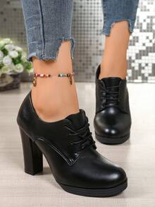 Fashionable High-End Elegant Vintage Minimalist Sophisticated Black Lace-Up Chunky Heel Women's High Heels, Western Style PU Leather Lace-Up Party Shoes - Black - View 3