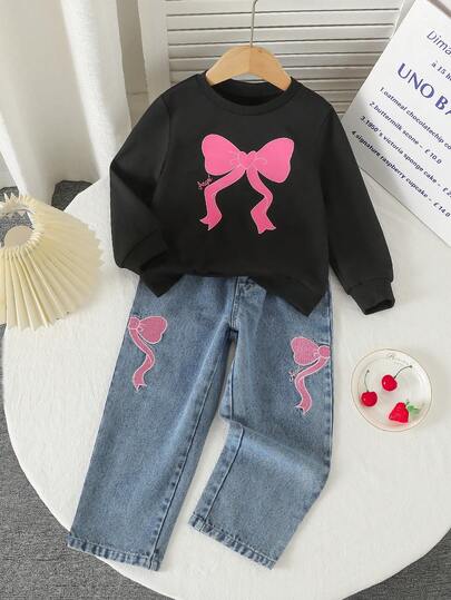 2pcs/Set Young Girls Sweatshirt Outfit, Black Long Sleeve Round Neck Sweatshirt With Bow Print And Rhinestone Embroidered Straight Leg Jeans, Fall New Arrival 2025