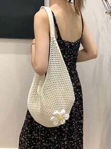 Hollow Out Weave Straw Bag Bohemian Beach Handbag Hollow Tote Bag Large Capacity Shopping Beach Bag Fashion Hollow Out Weave Straw Bag Beach Handbag Bohemian Style Beach Bag Slouchy Style Large Capacity Hollow Tote Bag Vacation