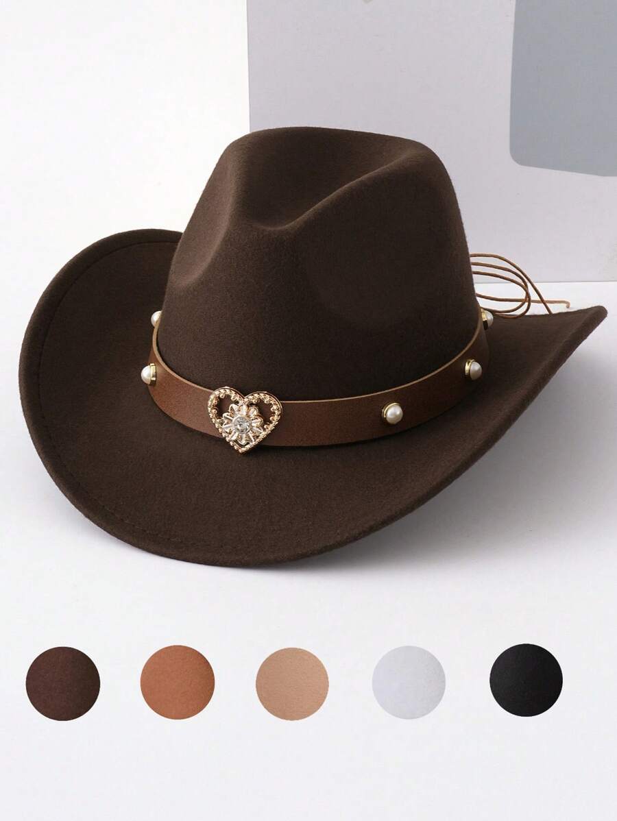 1pc Western Cowboy Hat Suitable For Both Men And Women, With A Detachable Heart-Shaped Pearl Hat Chain, Perfect For Casual Wear On A Daily Basis. It Is An Ideal Choice For Cowboy Parties And Bar Cowboys