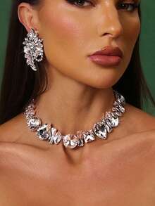 3pcs/Set Exaggerated Rhinestone Jewelry Set, Sparkling Necklace & Earrings Design, Women Accessories - Silver - View 1