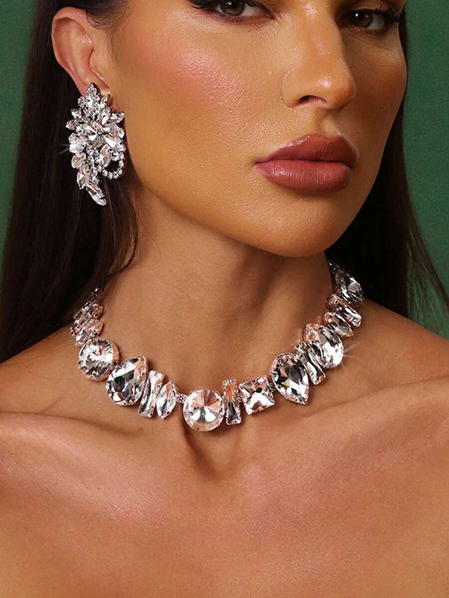 3pcs/Set Exaggerated Rhinestone Jewelry Set, Sparkling Necklace & Earrings Design, Women Accessories - Silver - View 1