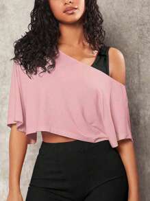 1 pieza Blusa corta de mujer talla grande de un hombro, unicolor, casual y deportiva, versátil