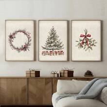 Zestaw 1/3 szt. Nieoprawionego, zabytkowego wieńca świątecznego z sosną, rustykalny plakat na ścianę do świątecznego festiwalu, wydruk na płótnie, minimalistyczny wystrój wiejskiego domu, rustykalny, zimowy, świąteczny, retro obraz do mieszkania, salonu, sypialni, nowoczesnej dekoracji domu