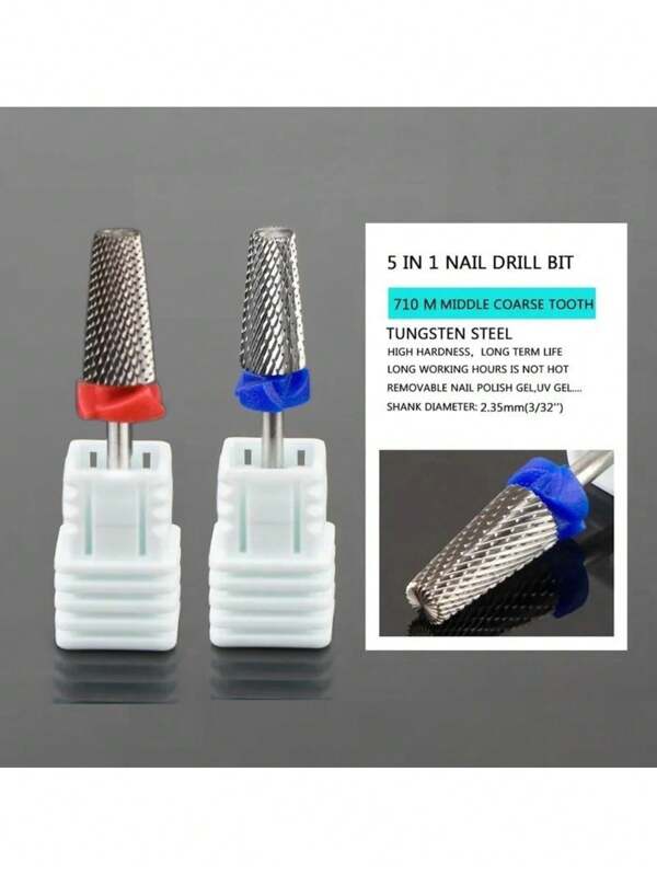 2 pièces/set Foret à ongles au carbure 5 en 1 Taille de grain fin/moyen en tungstène. Grandes fraises à parapluie pour retirer le vernis à ongles et le gel. Foret pour lime à ongles