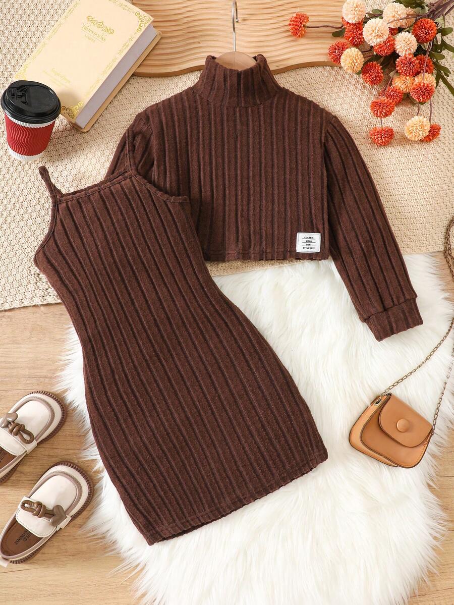 2pcs Girls Solid Ribbed Knit Cover Up + Cami Dress Casual Set