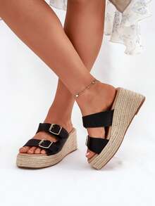 女士时尚百搭休闲厚底坡跟拖鞋，夏季 - 黑色 - 查看 5