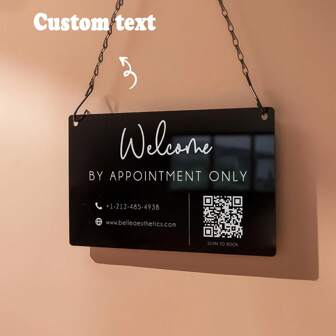 Letrero acrílico colgante y cadena de metal negro - Letrero de bienvenida personalizado para ventana, oficina, negocio, información, puerta, pared, código QR, mercado, artesanía, ventana de oficina en el hogar, señalización de puerta de negocio, terapia en sesión personalizada