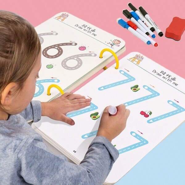 Libro de 32 páginas para el control del lápiz y el entrenamiento cognitivo para niños, herramienta educativa Montessori, tarjetas de práctica reutilizables y de limpieza en seco para jardín de infantes, cuaderno de práctica de escritura a mano y dibujo de regreso a la escuela, libro de ejercicios de control del lápiz y pintura para preescolar y aprendizaje temprano