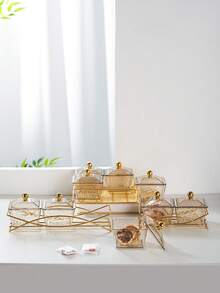 1 Set Transparent/Gray/Brown Square Plate Set, Snack Nut Candy Storage Dish, Luxury Holiday Festive Food Serving Plate Set - Amber - View 3