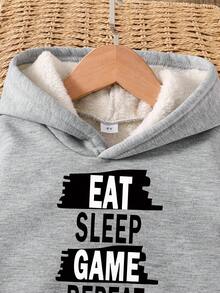 Young Boy Slogan Graphic Print Warm Hoodie And Sweatpants Set - Grey - View 3