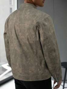 Men Casual Distressed Jacket, Stand Collar Zipper, Suitable For Daily Wear & Commuting, Fall