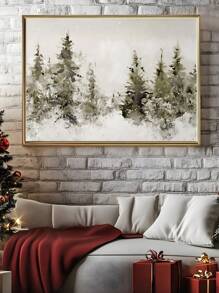 1 pieza Impresión de granja de estilo campestre invernal, arte de pared de paisaje nevado vintage de árboles de pino, arte de pared de paisaje rústico neutral de Navidad, arte de pared invernal, decoración de pared de árbol de Navidad vintage, arte de pared en lienzo, decoración navideña, arte de pared navideño, decoración de dormitorio, decoración de sala de estar