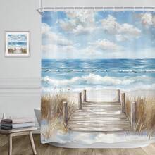 Beach Shower Curtain Blue Ocean Coastal Beachy Sea Oil Painting Seaside Summer Waves Modern Hawaii Landscape Scenery Bathroom Decor Fabric Polyester Waterproof 12 Pack Hooks  - 36x72inch, 48x72inch, 60x72inch, 66x72inch