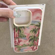 1 pieza Funda de teléfono con patrón de paisaje tropical con palmeras de material TPU rosa, compatible con iPhone/teléfonos, versión internacional, no la versión nacional - Blanco - Ver 4