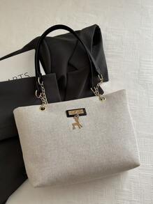 Large Capacity Handbag For Women, Chic Chain Shoulder Bag, New Fashion Underarm Bag, Retro Linen Tote Bag - Black - View 6