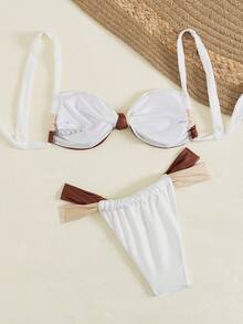 2pcs Elegant Sexy Backless Contrast Color Bikini Swimsuit For Women