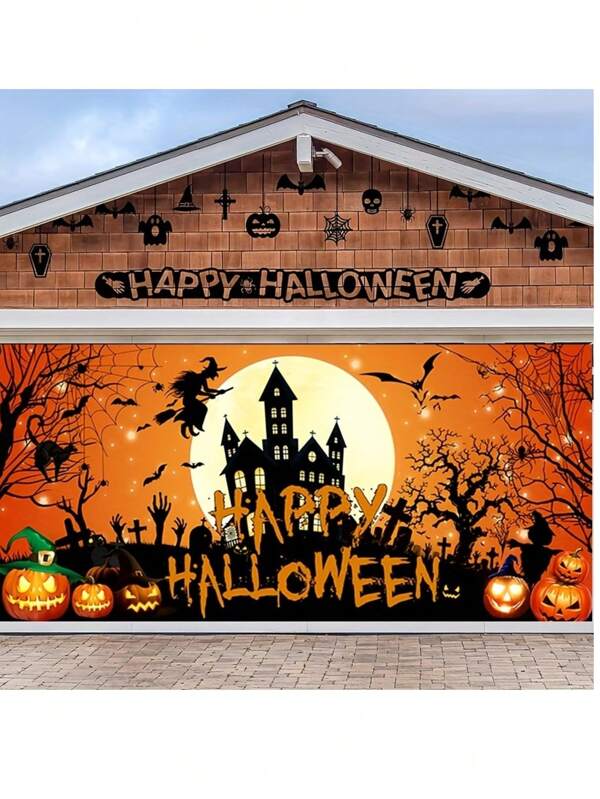 2D Banner - 1st Horror Halloween Garagedeur Banner - Buitendecoratie met Volle Maan, Heks, Pompoen, Kwaadaardige Schedel en Kasteelpatronen - Duurzaam Polyester, Geweldig voor Feestachtergrond en Fotohokje