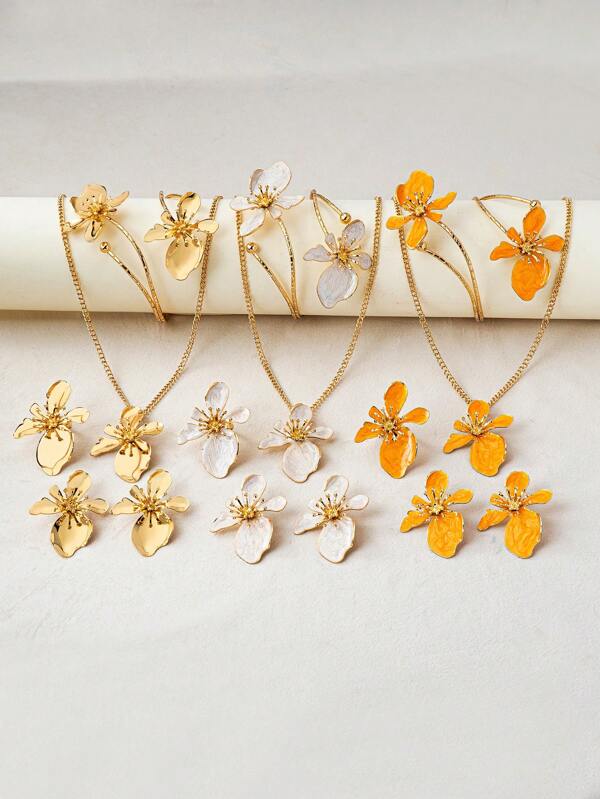 1 Set Nuevo conjunto de joyería de verano para mujer que incluye: 1 collar con colgante floral asimétrico de cobre, 1 par de aretes, 1 anillo, 1 pulsera (sin caja de regalo)
