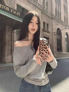 Casual Loose Off-Shoulder Long Sleeve T-Shirt, Slouchy Relaxed Fit Tops