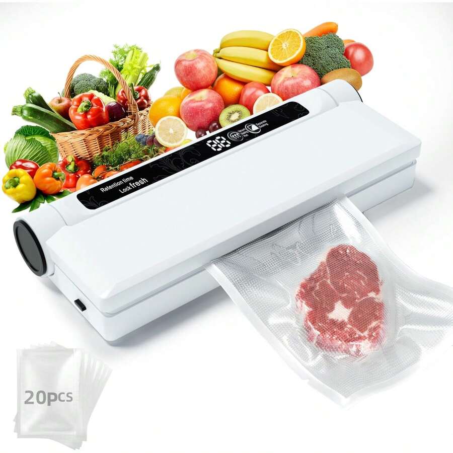 Food Storage Vacuum Sealer Machine, 75KPA Strong Suction, Dry/Wet Modes, 20 Vacuum Seal Bags for Food, Digital Countdown Timer, Compact Lightweight, Ideal for Home Kitchen Use - Blanco - Ver 1