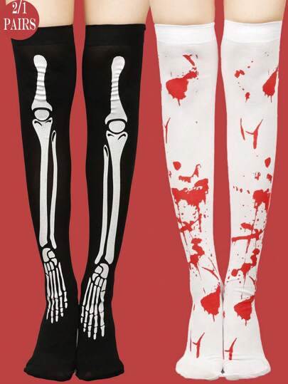 2 Pairs/1 Pair Women Gothic Style Skeleton Bone & Bloody Pattern Over-The-Knee Socks, Suitable For Halloween Costume Play, Y2k
