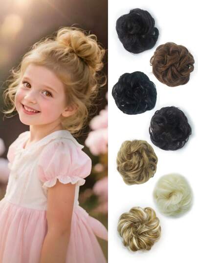 Extensões de cabelo cacheado com coque infantil, cabelo cacheado sintético, peruca curta adequada para crianças, elásticos de cabelo, elásticos de cabelo, acessórios de cabelo e tiaras para meninas