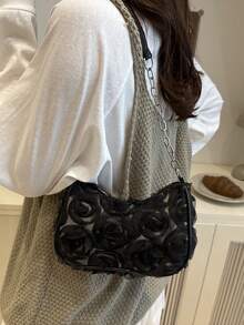 1 件黑色尼龙面料顺滑拉链金属链花卉图案装饰时尚百搭休闲 2025 跨境新款小众单肩手提包，适合女性日常使用