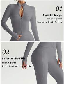 FWH 2pcs/Set Street Style Bodycon Outfit, Includes Thumb Hole Sleeve Jacket With Zipper Front And High Waist Flare Pants With Non-Slip Waistband, 4-Way Stretch, Shapewear Design, Confidence Boosting Set For Women - Grey - View 2