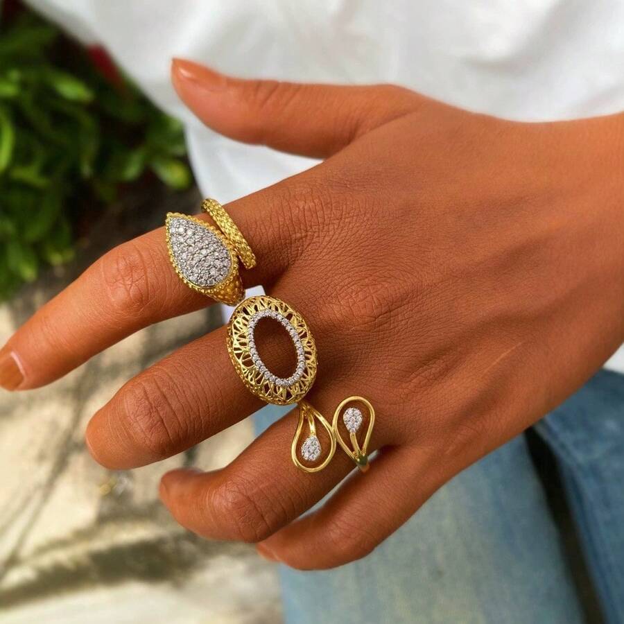 1枚小众设计铜镀双色戒指，几何宽戒圈，时尚高端珠宝，18K电镀工艺，高级定制 - 金色A - 查看 1