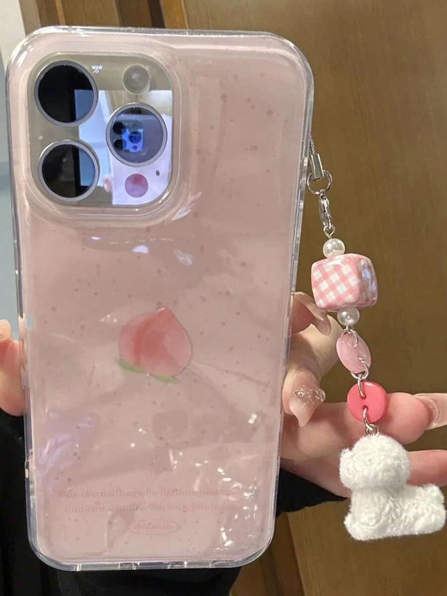 可爱粉色泼墨桃子软手机壳适用于 16 15 14 13 12 11 Pro Max Plus带可爱小狗挂件水果创意防震后盖 - 粉紅桃子 - 查看 1