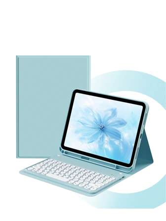 1 pieza Funda protectora de teclado compatible con iPad, teclado inalámbrico y estuche desmontable, con soporte integrado para bolígrafo, función de suspensión/activación automática, teclado inalámbrico Bluetooth desmontable, funda de soporte ultradelgada y ligera - Azul