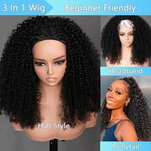 bling hair Half Wig Upgrade, 3-In-1 Half Wig With Drawstring, Seamless Clip-Ins, Flip-Over Wigs Without Glue, Human Hair Kinky Curly Human Hair No Glue No Lace Wig For Women, 180% Density - 自然色&黑色系 - 查看 6