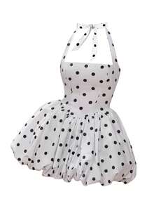 女士优雅性感波尔卡圆点吊带连衣裙，120克梭织面料，夏季 - 白色 - 查看 1