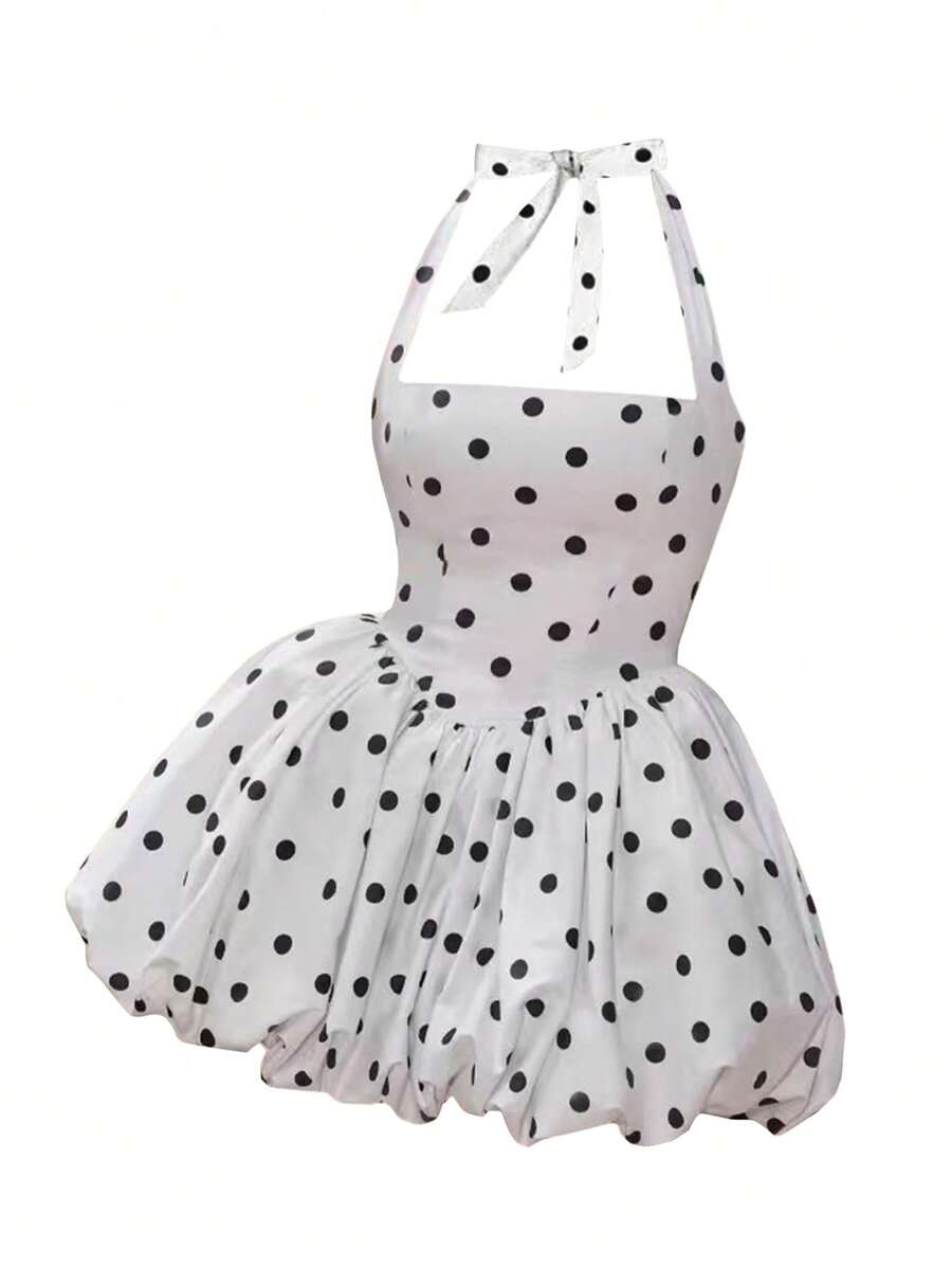 女士优雅性感波尔卡圆点吊带连衣裙，120克梭织面料，夏季 - 白色 - 查看 1