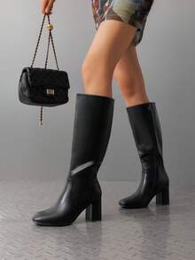 Women's Gogo Boots Square Toe Side Zipper Chunky Heel Solid Color Fashionable Simple Knee High Boots For Women - 黑色 - 查看 1