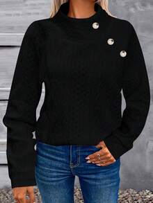 Fashionable High Collar Button Casual Sweatshirt, Versatile For Daily Wear - Black - View 4